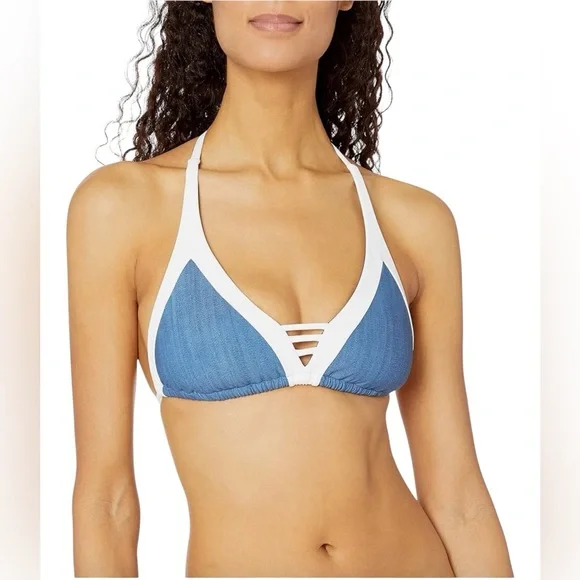 Seafolly Anthro Block Party Denim Color Triangle Bikini Swim Top D Cup Size 8 - Picture 2 of 9